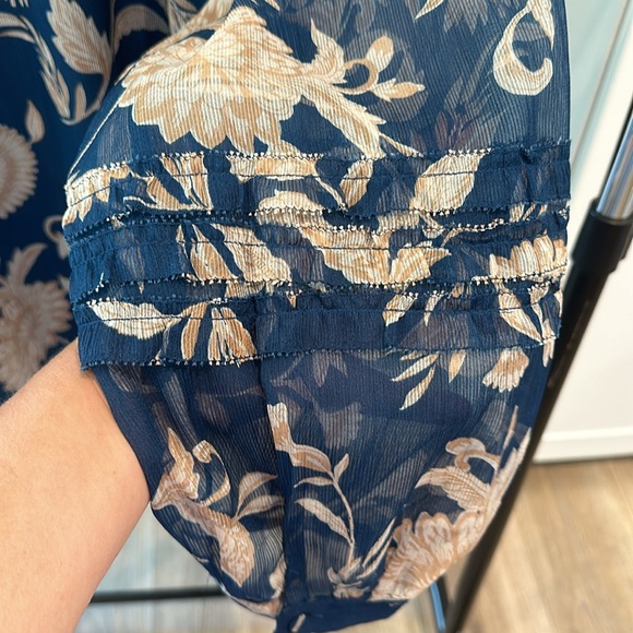 XXL teal w/cream floral Ann Taylor blouse one button cuff long sleeve scoop neck - Picture 8 of 12